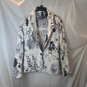 Lisette-L Women's Suit Jacket Blazer Sz L White Black Gray Floral Embroidered
